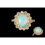AN OPAL AND DIAMOND CLUSTER RING, one oval opal cabochon of 2.77ct, mounted with diamonds of approx.
