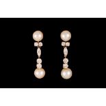 A PAIR OF CULTURED PEARL AND DIAMOND DROP EARRINGS, with pearls of approx. 9mm, diamonds of approx.