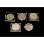 SIX LARGE SILVER COINS, including an 1804 Bank of Ireland six shillings,