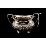 A MODERN SILVER TWIN HANDLED SUGAR BOWL with chased and engraved florest Repossi decoration raised