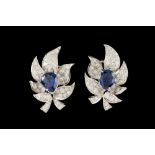 A PAIR OF SAPPHIRE AND DIAMOND FLORAL CLIP EARRINGS, with pear shape sapphires of approx. 3.