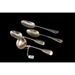 A WILLIAM IV SILVER FIDDLE PATTERN SAUCE LADLE Chester 1835, two English silver dessert spoons.