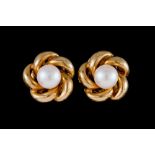 A PAIR OF PEARL AND GOLD EARRINGS, floral cluster design,