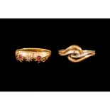 AN 18CT WHITE AND YELLOW GOLD KNOT RING; together with an antique ruby and diamond three stone ring,