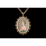 A PAINTED PORTRAIT, mounted on 9ct gold with 9ct belcher chain.