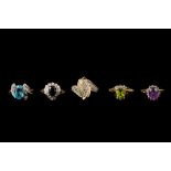 FIVE GEM SET DRESS RINGS,