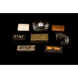 A COLLECTION OF EIGHT VARIOUS ANTIQUE AND LATER SNUFF BOXES, various materials inlaid with M.O.P.