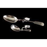 A WILLIAM IV SILVER TEA CADDY SPOON WITH A FIDDLE PATTERN HANDLE together with an Edwardian bright