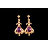A PAIR OF 9CT GOLD AND AMETHYST DROP EARRINGS,