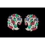 A PAIR OF EMERALD, SAPPHIRE, DIAMOND AND RUBY EARRINGS, spray design, modelled as carved leaves,