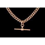 AN ANTIQUE 9CT ROSE GOLD FLAT CURB LINK ALBERT NECKCHAIN, with T-bar, 87.