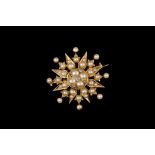 A VICTORIAN CULTURED PEARL AND DIAMOND SNOWFLAKE BROOCH, detachable brooch pin.