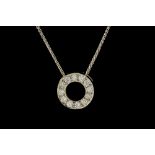 A CIRCULAR DIAMOND PENDANT, mounted in 14ct white gold, on a white gold chain.