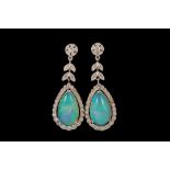 A PAIR OF OPAL AND DIAMOND PENDANT DROP EARRINGS,