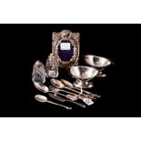 LOT OF SMALL SILVER ITEMS, includes photo frame, salts and pepper silver mounted crystal salts,