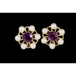 A PAIR OF AMETHYST AND PEARL CLUSTER EARRINGS, mounted in gold,