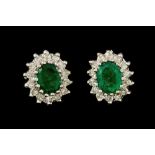 A PAIR OF EMERALD AND DIAMOND CLUSTER EARRINGS, of oval form,