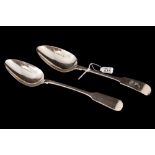 A PAIR OF GEORGE III IRISH SILVER FIDDLE PATTERN TABLE SPOONS, by George Nagle, Dublin 1812,