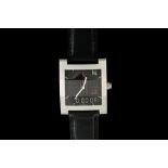 A GENT'S STAINLESS STEEL DUNHILL FACET SQUARE WRIST WATCH, black leather strap,