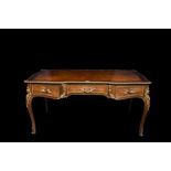 A LOUIS XV LARGE BUREAU PLAT CROSS BANDED INLAID KINGWOOD VENEERS, with fitted drawers,