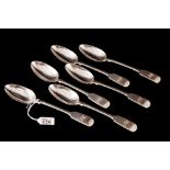 A SET OF SIX EDWARDIAN IRISH SILVER FIDDLE PATTERN TEA SPOONS, by John Smyth,