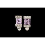 A PAIR OF AMETHYST AND DIAMOND EARRINGS,