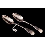 TWO GEORGIAN SILVER FIDDLE PATTERN TABLE SPOONS,