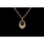 AN 18CT COLD NECKLACE WITH OVAL DIAMOND AND EMERALD PENDANT 15" chain