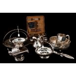 A COLLECTION OF SILVER PLATED ITEMS, including a mug, a pair of dishes,