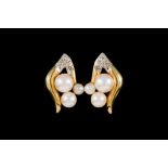 A PAIR OF PEARL AND DIAMOND EARRINGS,
