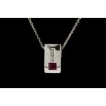 A DIAMOND AND RUBY PENDANT, channel set in white gold,