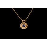 A SAPPHIRE AND DIAMOND PENDANT AND CHAIN, one oval cabochon sapphire of approx 2.