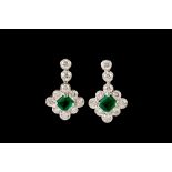 A PAIR OF DIAMOND AND EMERALD CLUSTER DROP EARRINGS, with diamonds of approx. 5.