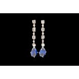 A PAIR OF DIAMOND AND BLUE GEM DROP EARRINGS, with diamonds of approx 0.70ct.