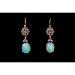 A PAIR OF OPAL AND DIAMOND DROP EARRINGS, mounted in silver topped yellow gold.