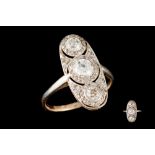 AN EARLY 20TH CENTURY DIAMOND FINGERLINE THREE STONE RING, with diamonds of approx 1.26ct in total.