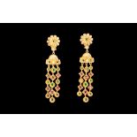 A PAIR OF DIAMOND RUBY SAPPHIRE AND EMERALD CHANDELIER DROP EARRINGS BY LALAOUNIS,