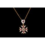 A RUBY AND DIAMOND MALTESE CROSS PENDANT AND CHAIN, with white enamel detail.