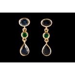 A PAIR OF SAPPHIRE AND EMERALD DROP EARRINGS, with sapphires of approx. 2.00ct, emeralds of approx.