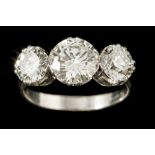 A THREE STONE DIAMOND RING, with three certs stating the diamonds to be 2.04ct H VS1, 1.