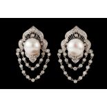 A PAIR OF PEARL AND DIAMOND EARRINGS,