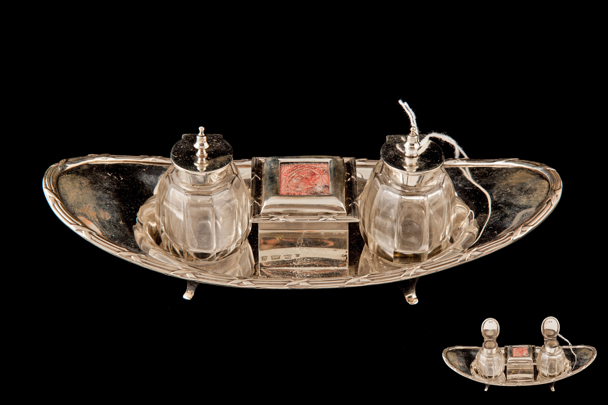 AN EDWARDIAN SILVER DOUBLE INKWELL HOLDER,