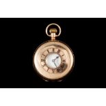 AN ANTIQUE 9CT GOLD HALF HUNTER POCKET WATCH, with white enamel dial, Roman numerals,
