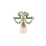 A VICTORIAN PEARL EMERALD AND DIAMOND BOW BROOCH, a natural saltwater pearl drop of approx 11.