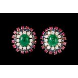 A PAIR OF EMERALD, DIAMOND, SAPPHIRE AND RUBY EARCLIPS, with cabochon emeralds of approx. 8.