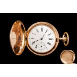 AN ANTIQUE 15CT GOLD FULL HUNTER POCKET WATCH, with white enamel dial, roman numerals and separate