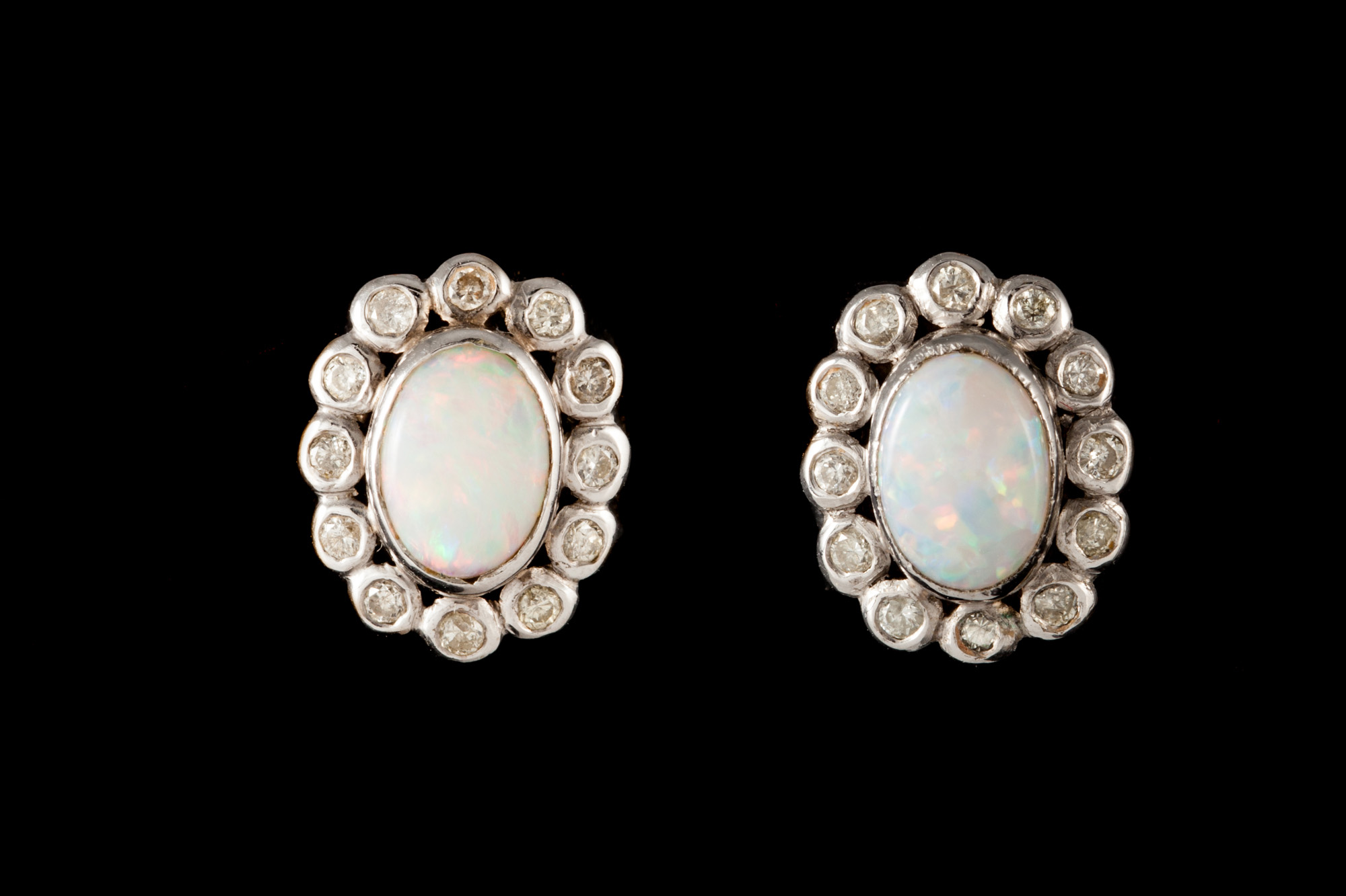 A PAIR OF OPAL AND DIAMOND OVAL CLUSTER EARRINGS,