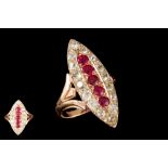 AN EDWARDIAN RUBY AND DIAMOND NAVETTE CLUSTER RING, rubies of approx 1.