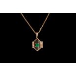 AN EMERALD AND DIAMOND PENDANT, on gold,