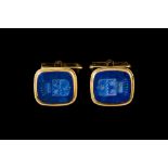 A PAIR OF 9CT GOLD LAPIS LAZULI CUFFLINKS,